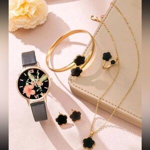 Elegant Black & Gold Watch + Jewelry Set for Women